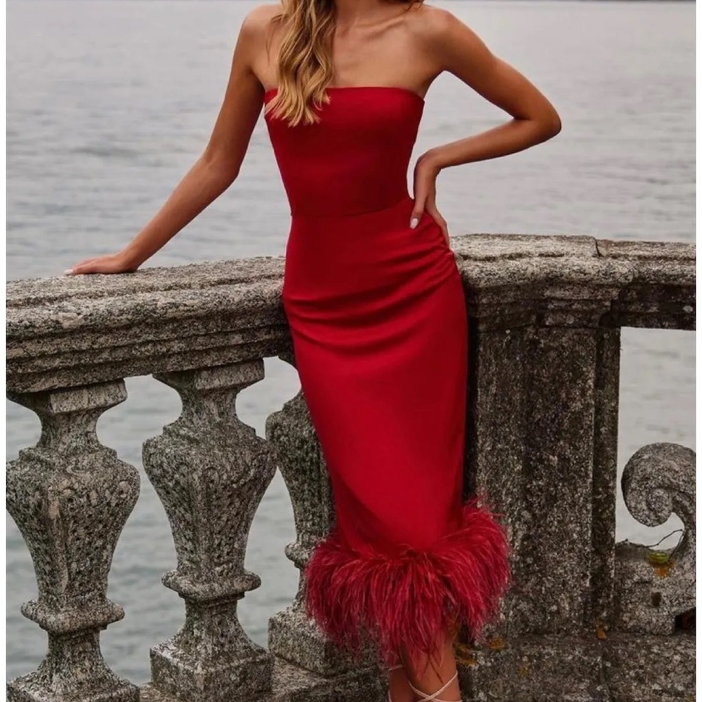 Alamour The Label Strapless Red Dress with Feather Hem (Brielle)